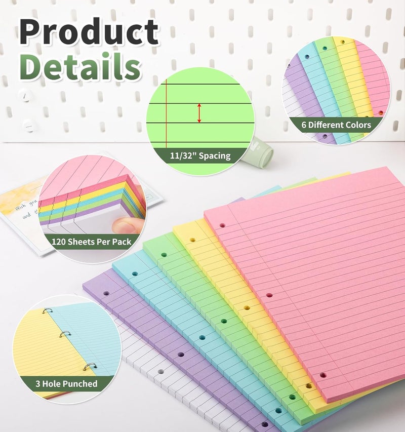 Pidada 120 Sheets Loose Leaf Binder Paper, 6-Color Wide Ruled Lined Paper, 8” x 10.5”, 3-Hole Punched Notebook Paper Writing Paper for School Office - Image 3